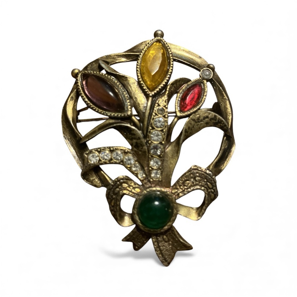 Vintage Bejeweled Cattails Brooch Burnished Tone